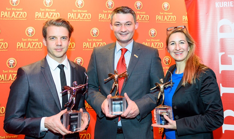 oman Rasinger (Hofer) mit dem Werbe Amor in Silber , Markus Pfeffer (St. Martins Therme & Lodge) mit dem Werbe-Amor in Gold, Catharina Riess (Nespresso) mit Bronze (c) Kurier/Christian Dusek