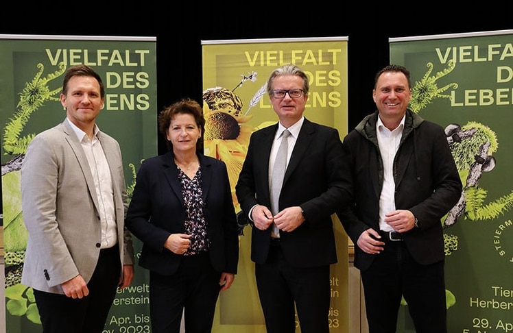 Bei der Abschluss-Pressekonferenz freute man sich über eine erfolgreiche Steiermark Schau und zahlreiche Besucher:innen. V.l.n.r. Marko Mele, Landesrätin Ursula Lackner, Landeshauptmann Christopher Drexler, Josef Schrammel @Universalmuseum Joanneum/J.J.Kucek