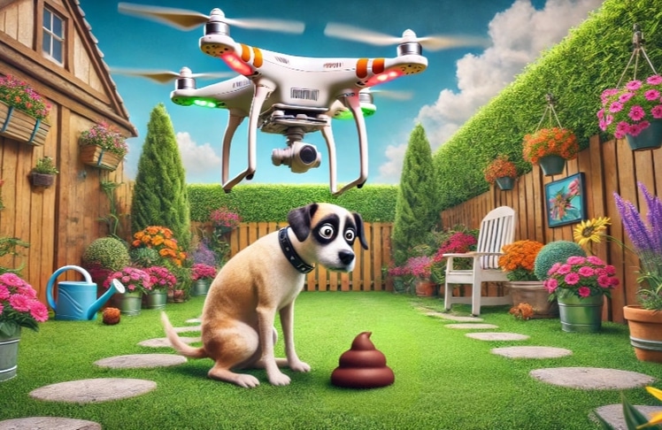 Der "Poopcopter" analysiert mittels Künstlicher Intelligenz, wo der Hund sich erleichtert und beseitigt das Häufchen dann © KI-generiert mit DALL·E von OpenAI