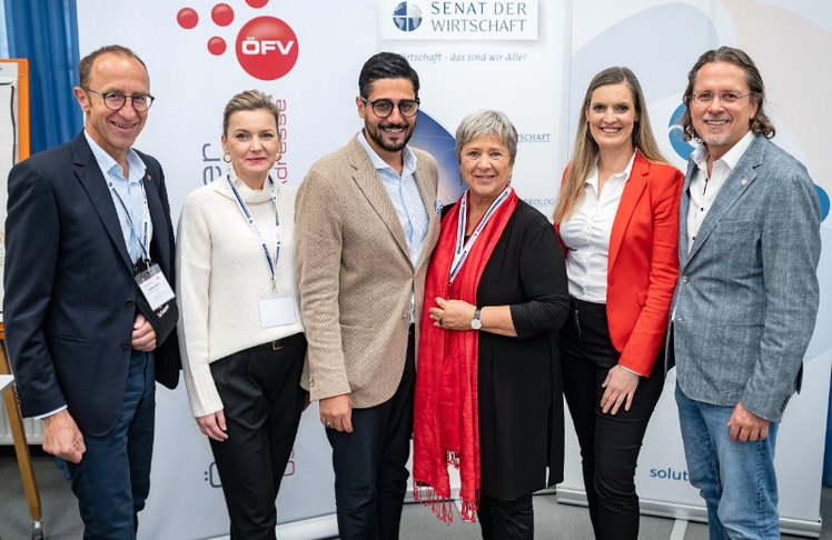 V.l.n.r.: Andreas Haider, Unimarkt-Eigentümer, Katarína Drevenáková, Lagerhaus Franchise GmbH, Mahdi Allagha, Mitglied der Geschäftsleitung Senat der Wirtschaft, Waltraud Martius, Syncon Consulting, Karin Kufner-Humer, Generalsekretärin Österreichischer Franchise Verband und Martin Zagler, Präsident Österreichischer Franchise Verband und Soluto-Gründer © Robin Consult/Fellner