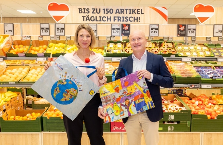 Ivana Bacanovic (Geschäftsführerin der Rote Nasen Österreich) und Simon Lindenthaler (Leiter Unternehmenskommunikation & CSR bei Lidl Österreich) © Anna Rauchenberger