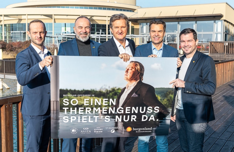 V.l.n.r.: Martin Adelwöhrer, General Manager St. Martins Therme und Lodge, Peter Prisching, Geschäftsführer AVITA Therme & Resort, Mag. Werner Cerruti, MBA, Geschäftsführer Sonnentherme Lutzmannsburg-Frankenau GmbH, Burgenland Tourismus-Geschäftsführer Didi Tunkel und Marcel Pomper, MBA, General Manager Allegria Resort Stegersbach © LEADERSNET/A. Felten