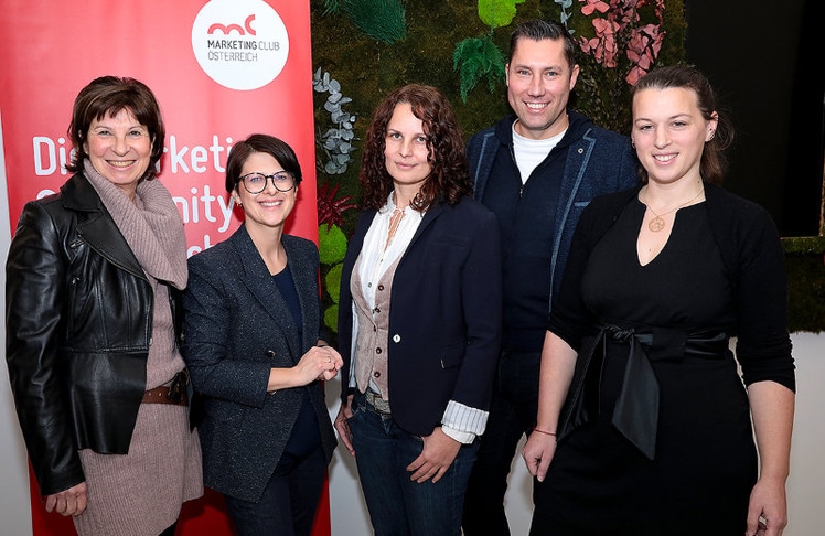 V.l.n.r.: Barbara Schmon (Expertin für Greenwashing und Nachhaltigkeit), Regina Loster (MCÖ), Anja Abicht (Tomorrow Academy, Nachhaltigkeitsexpertin), Jürgen Bauer (WKW) und Elisabeth Bergthaler (bellaflora) © LEADERSNET/G. Langegger