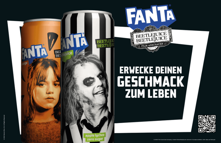 Anlässlich des Kinostarts von "Beetlejuice Beetlejuice" lanciert Fanta eine limitierte Sonderedition © 2024 The Coca‑Cola Company