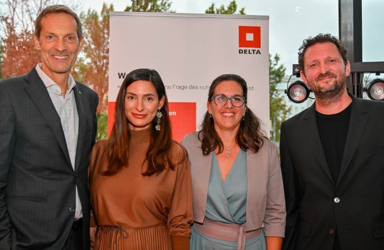 Wolfgang Kradischnig (CEO Delta AG), Christina Lang (Leitung Kommunikation, Delta AG), Evelyn Parnigoni (Geschäftsführerin innerhalb der Delta Gruppe, Bereich Baumanagement) und Klaus Ransmayr (Chief Design Officer, Delta Pods Architects) © LEADERSNET / V. Greabu