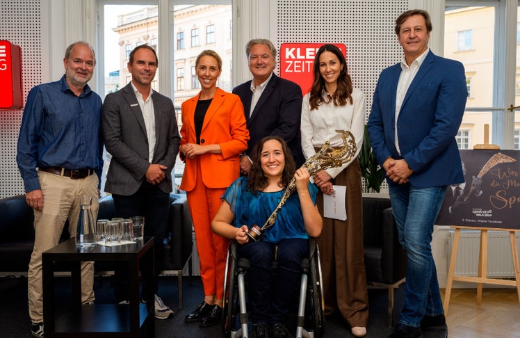 V.l.n.r.: Michael Fiala (sportsbusiness.at), Gernot Uhlir (Sporthilfe), Stefanie Koch (Kleine Zeitung), Erwin van Lambaart (Österreichische Lotterien), Claudia Lösch, Karina Toth und Michael Schuen (SMA) © GEPA pictures/Sport¬hilfe 