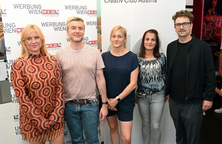 Die Creativ-Club-Austria-Arbeitsgruppe (v.l.n.r.): Melanie Pfaffstaller (Mel P Filmproductions), Florian Kowatz (KR8 Bureau), Helena Giokas (Fachgruppe Werbung Wien), Rita-Maria Spielvogel (BBDO Wien) und Reinhard Schwarzinger (Creativ Club Austria). © leisure communications/Christian Jobst